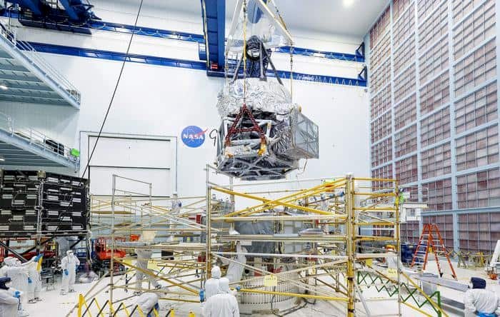 NASA’s Nancy Grace Roman Space Telescope is currently located in a clean room at the Goddard Space Flight Center in Maryland (courtesy: NASA/Jolearra Tshiteya)